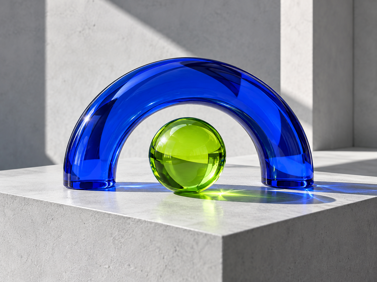 Cobalt blue and lime glass sculptures in a sunlit studio